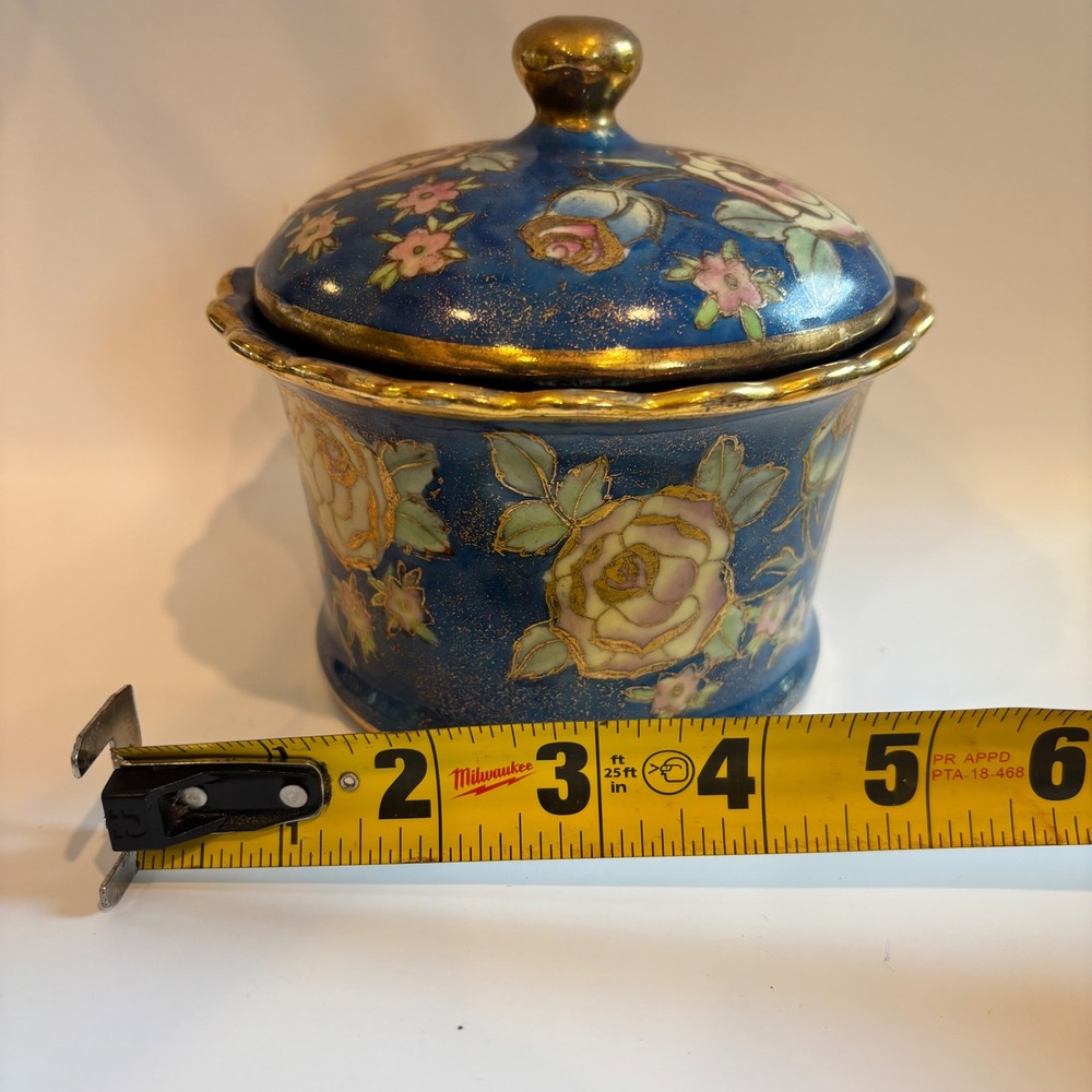 Antique Nippon Hand Painted Blue Moriage Floral Covered Powder Jar - Picture 6 of 7